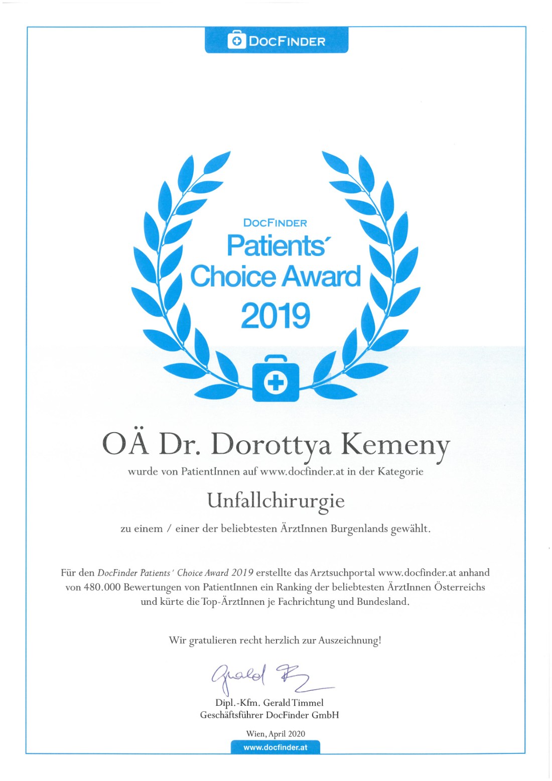DocFinder Patients' Choice Award 2019 für OÄ Dr. Dorottya Kemeny