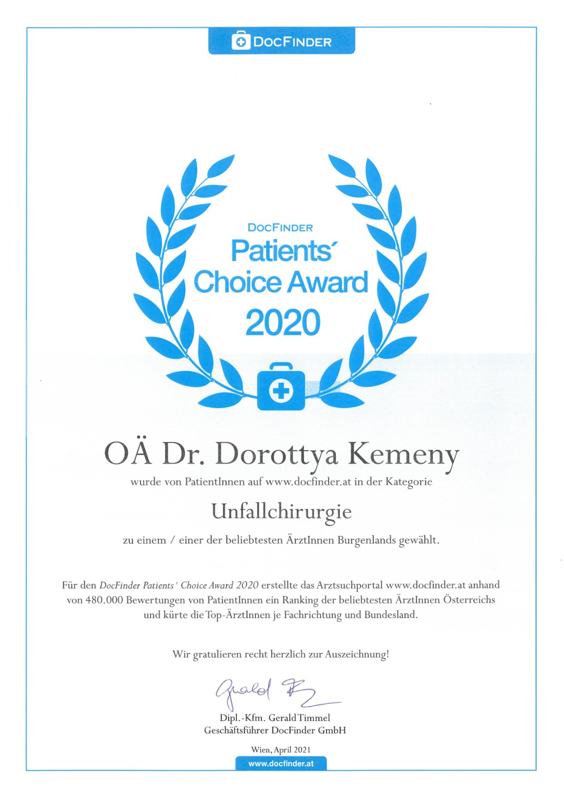 DocFinder Patients' Choice Award 2020 für OÄ Dr. Dorottya Kemeny