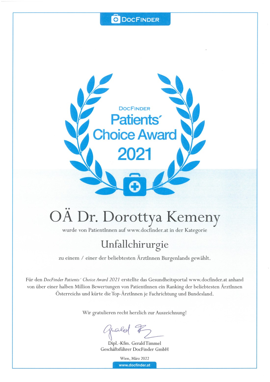 DocFinder Patients' Choice Award 2021 für OÄ Dr. Dorottya Kemeny