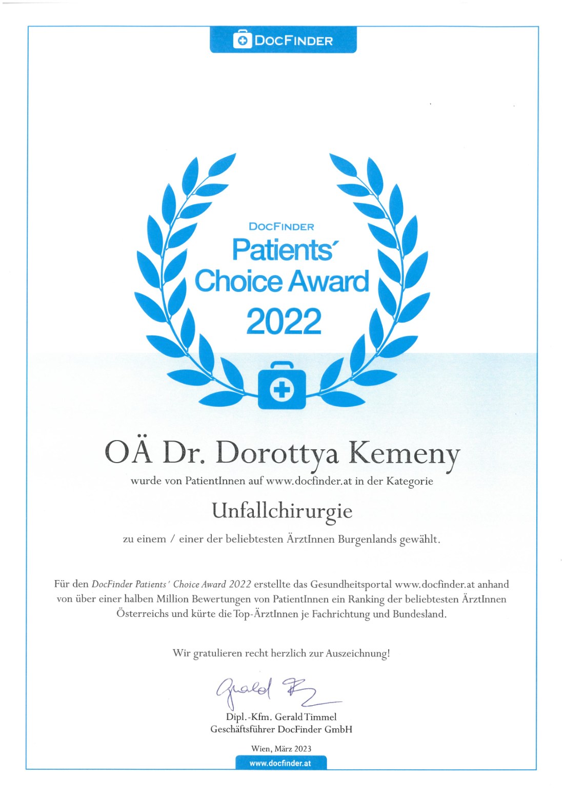 DocFinder Patients' Choice Award 2022 für OÄ Dr. Dorottya Kemeny