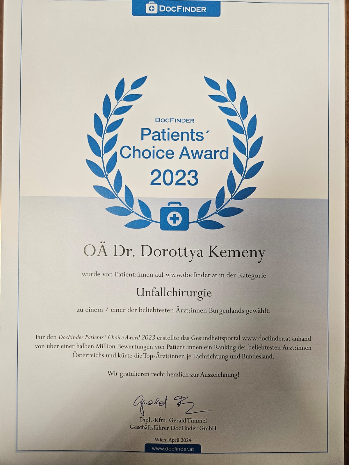 DocFinder Patients' Choice Award 2023 für OÄ Dr. Dorottya Kemeny