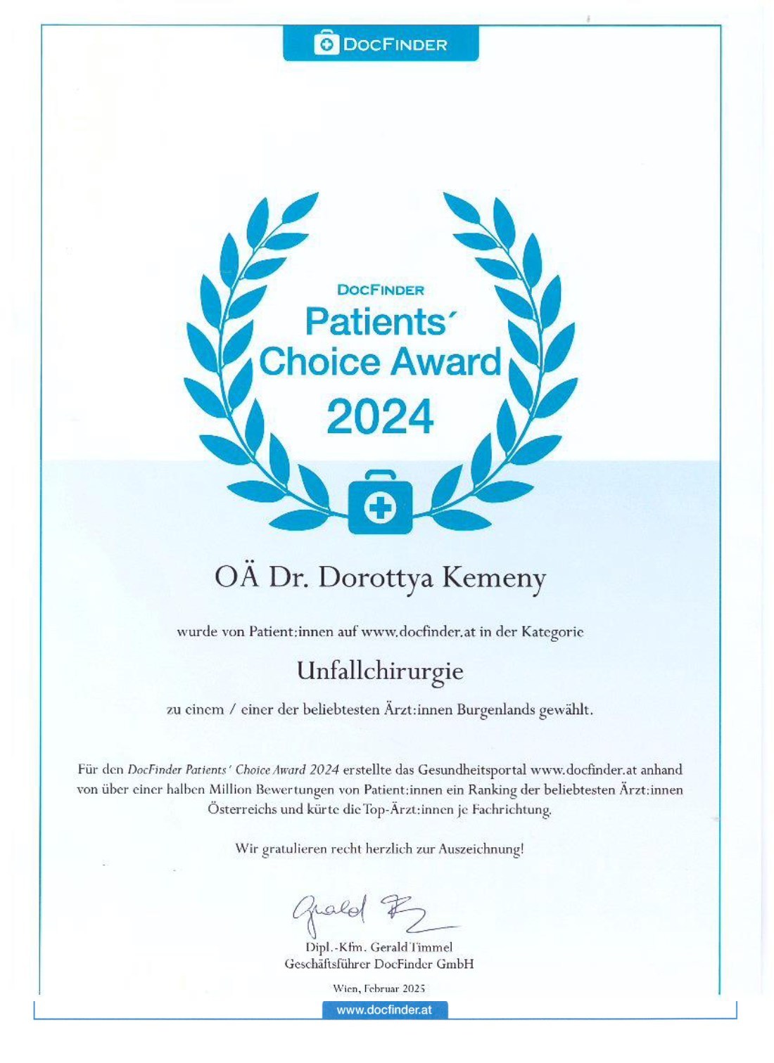 DocFinder Patients' Choice Award 2024 für OÄ Dr. Dorottya Kemeny