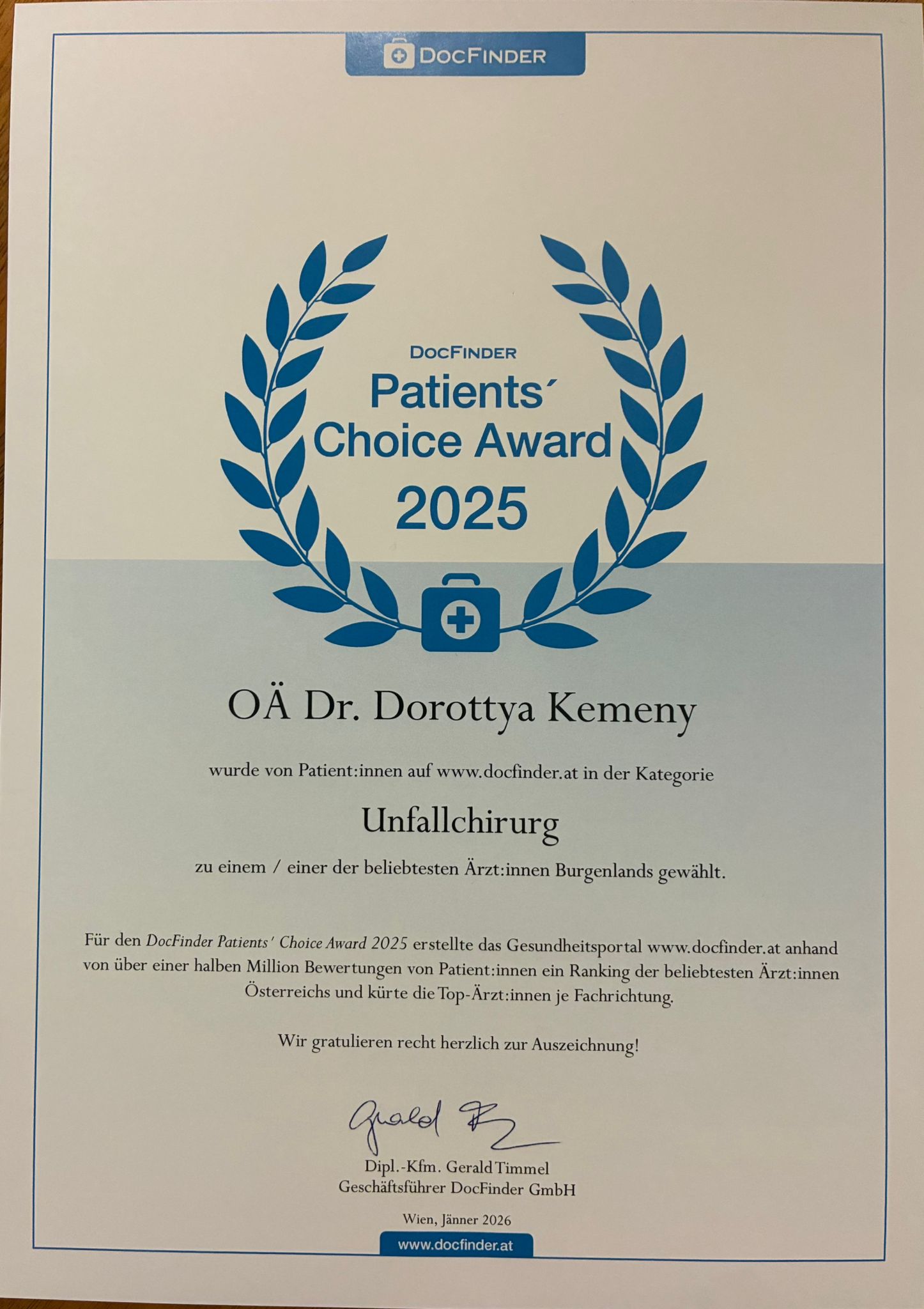 DocFinder Patients' Choice Award 2025 für OÄ Dr. Dorottya Kemeny