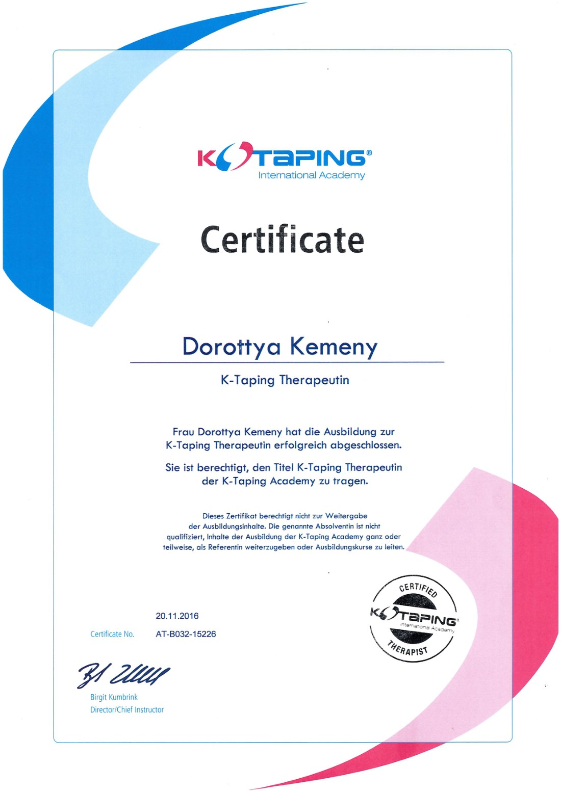 K-Taping Therapeutin Zertifikat für OÄ Dr. Dorottya Kemeny