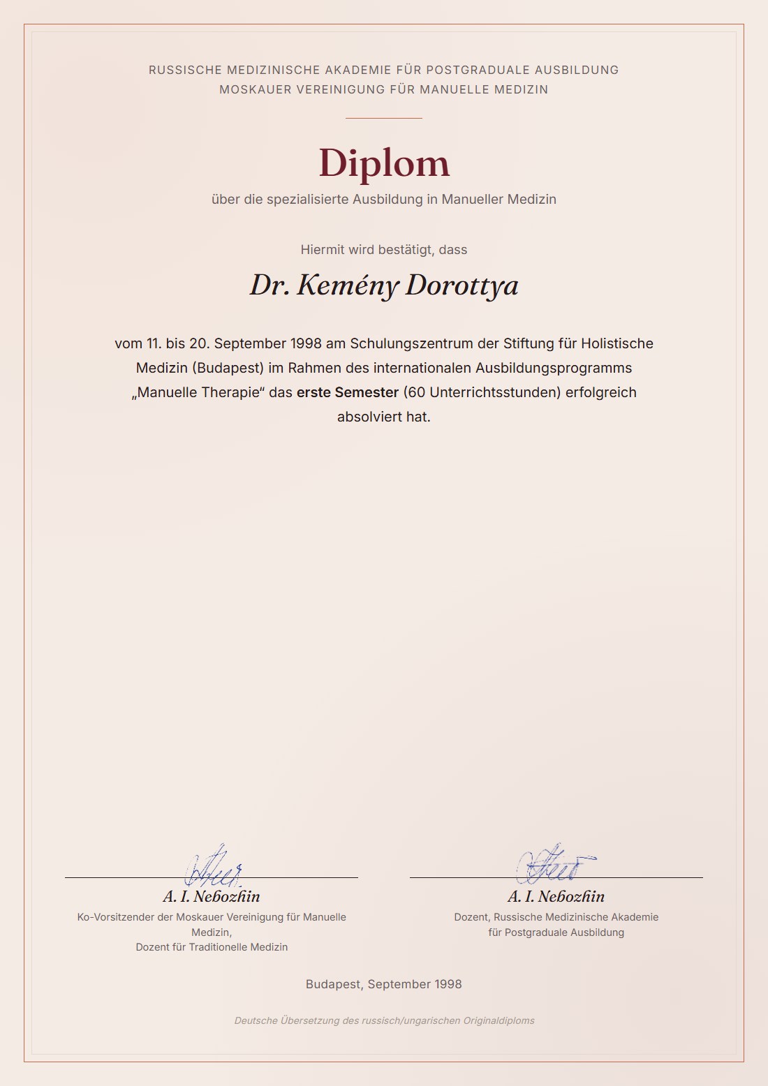 Diplom Manuelle Medizin, erstes Semester, für Dr. Kemény Dorottya