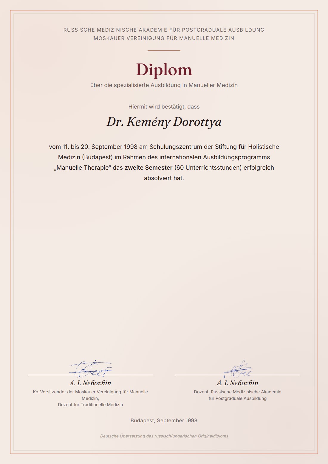 Diplom Manuelle Medizin, zweites Semester, für Dr. Kemény Dorottya